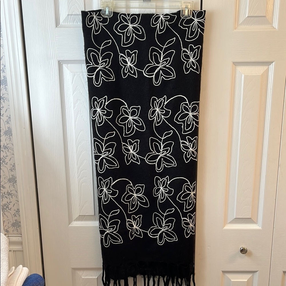 Black & White Floral Scarf with Fringe